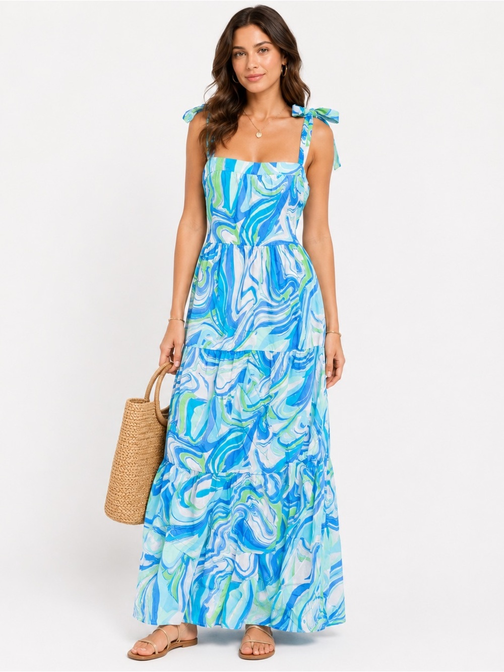 Hale Bob Blue & Green Marble Tie-Shoulder Maxi Dress